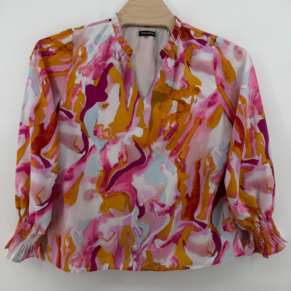 Mascomoda Womens Pink Orange Abstract V-Neck Smocked Cuff Blouse Large - Picture 2 of 9